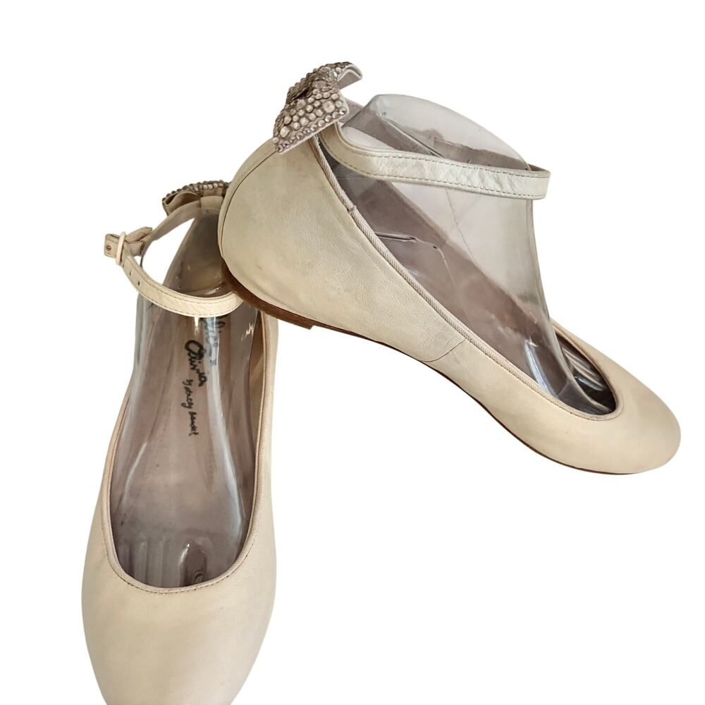 Alice + Olivia Dakota Leather Rhinestone Bow Ballet Flats w/ Ankle Strap Glam